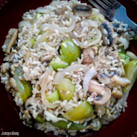 Fried rice with tomatillos, mushrooms, and onions